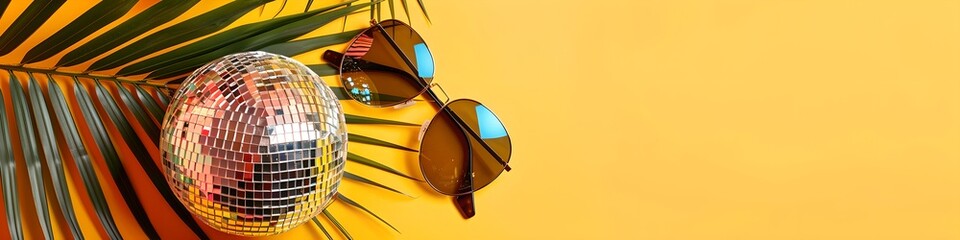 Disco ball with sunglasses and palm leaf on yellow background. Summer vacation and travel concept. Design for banner, header with copy space. Minimalistic composition