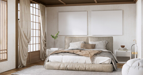 Bedroom japanese minimal style.,Modern white wall and wooden floor, room minimalist.