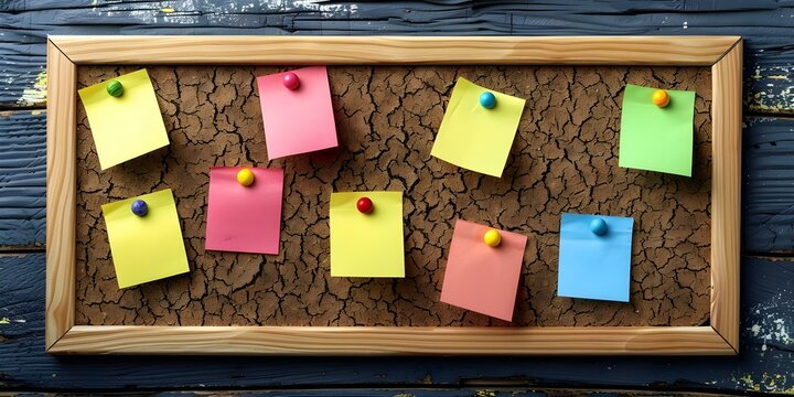 "Colorful notes on bulletin board represent employee recognition and achievements". Concept Employee Recognition, Bulletin Board, Colorful Notes, Achievements, Office Decor