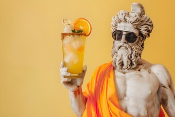 Statue in sunglasses holding a tropical cocktail. Creative summer vacation concept. Design for greeting card or invitation with copy space. Ancient greek sculpture