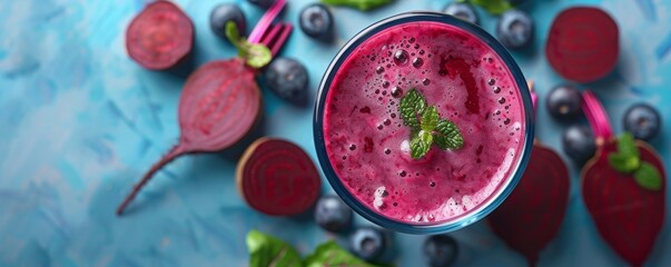 Fresh tasty beetroot juice in a glass on a blue background, beets and blueberries complete the atmosphere.