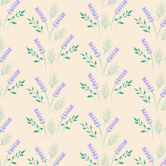 Fototapeta na wymiar Lavender seamless pattern on yellow background. Natural vector herbal composition, illustration. Wallpaper, background, textile, texture, decoration.