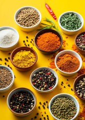 Different types of spices in small bowls on a yellow background.