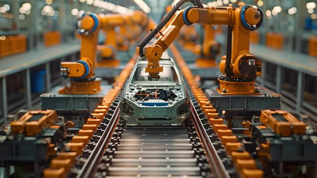 Car Factory Concept: Automated Robot Arm Assembly Line Manufacturing High-Tech Green Energy Electric Vehicles. Automatic Construction, Welding Industrial Production Conveyor. 