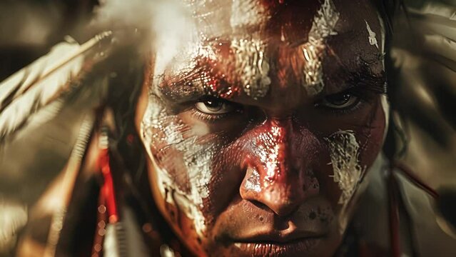 A group of Iroquois warriors perform a traditional war dance a powerful display of their strength and unity as they prepare for battle. Their painted faces and rhythmic movements
