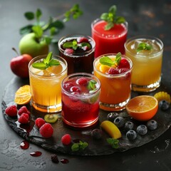 Different types of fruit juices in glass jars on a dark background.