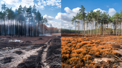 Before and after images of a restored forest area, highlighting the positive impact of restoration efforts.