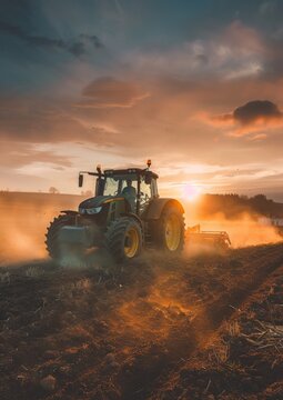 Fototapeta A tractor plows a field at sunset. Agricultural concept.