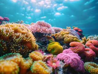 Close-up of a diverse coral reef, highlighting the vibrant biodiversity underwater.