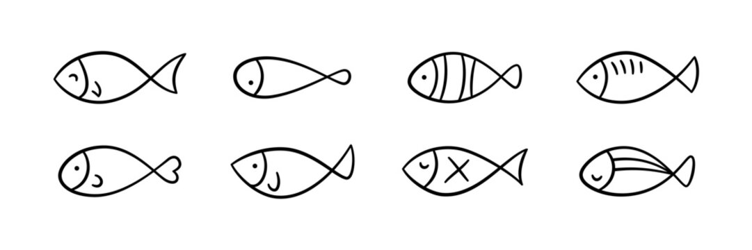 Doodle fish icons set. Hand drawn sea fish collection. Children sketch drawing. Line art. Vector illustration isolated on white background.