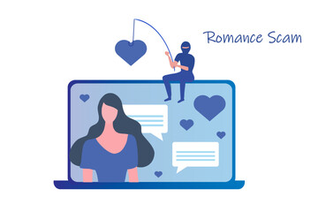 Romance scam, online dating scam, cyber crime concept, woman in love with scammer, hacker chatting online vector illustration - obrazy, fototapety, plakaty
