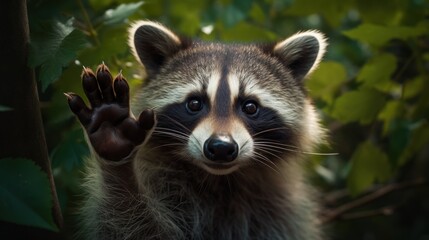 Fototapeta premium Happy raccoon pleased to welcome you.