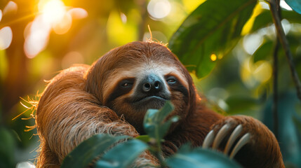 Obraz premium A sloth enjoys a green life in a tree.