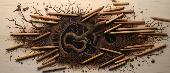 Top view image of wooden pencils and tree drawing ..