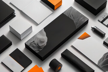Ultra-wide mock up of business cards and packaging, immersive and commercial branding