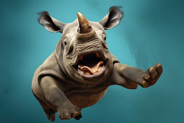 Happy rhinoceros jumping and having fun. - 761181473