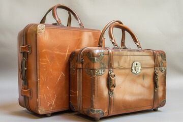 Leather travel bags are filled with memories of the owner who has traveled for many years. travel concept.