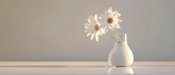 Two flowers in a vase with water inside of it on a white