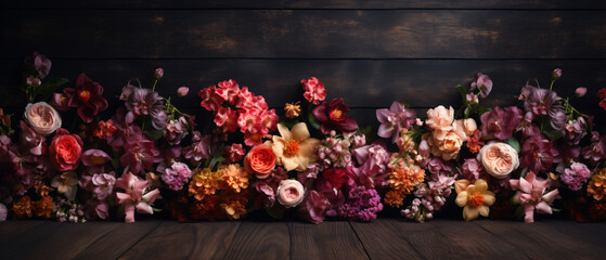 Various flowers on the black wooden background. Abstract