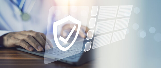 doctor uses a computer checklist to check and evaluate patient treatment. Health concept checklist