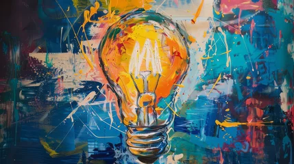Poster Creative light bulb explodes with colorful paint and colors. New idea, brainstorming concept. © Denis