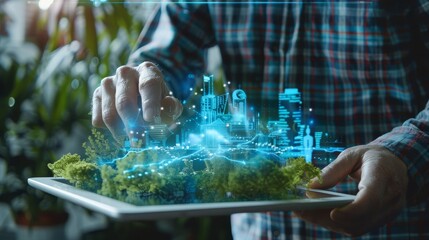 FutureFocused Business Leader Monitoring RealTime Environmental Impact Data on Tablet with Holographic Display Sustainability Technology Corporate Responsibility