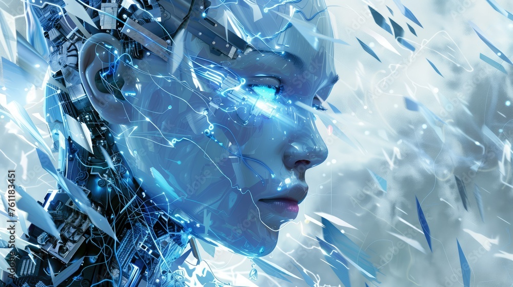 Poster synthesis of the sentient, digital artwork human features, advanced technology, portraying ai entity