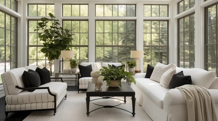 Sunroom with bright whites and ivories plus matte black metal accents.