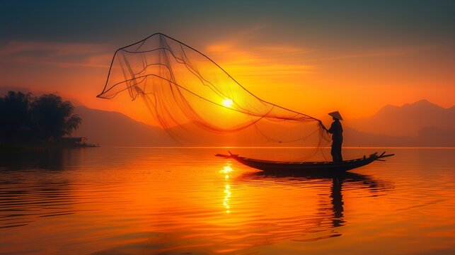 Golden Sunrise Fishing: A Fisherman Casts Net Amidst Serene Waters, Mountains, and a Vibrant Dawn
