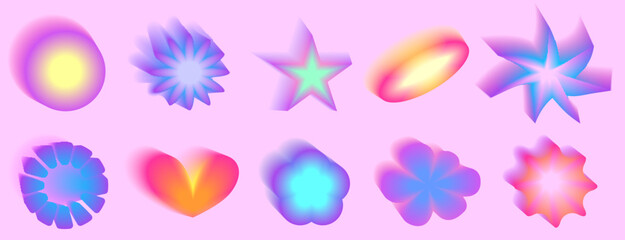 Gradient Y2k shape blur set. Flower, star, planet blurry aesthetic y2k. Vector pastel form illustration. Aura gradient shape - obrazy, fototapety, plakaty