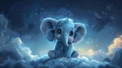 A cute little baby elephant happily sits on a soft fluffy cloud, showing a sense of wonder. Funny and kind animals - obrazy, fototapety, plakaty