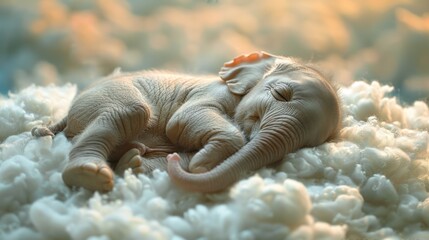 A small baby elephant sleeps peacefully on a soft, fluffy pile of white fur, resembling a heavenly cloud. Funny animal dreams