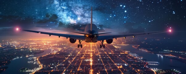 The plane flies over the illuminated city at night, stars in the sky, clear night. - obrazy, fototapety, plakaty