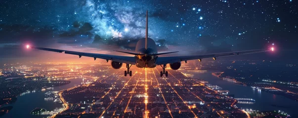 Foto op Canvas The plane flies over the illuminated city at night, stars in the sky, clear night. © Simona
