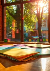 Colored papers on the table in the kindergarten.