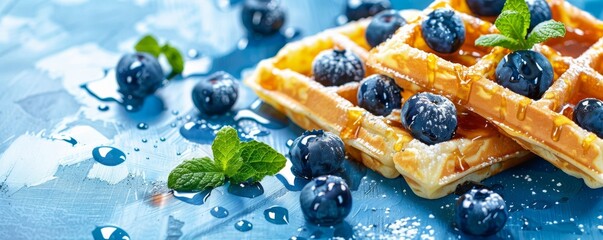 Tasty crispy waffles with blueberries on a blue background.