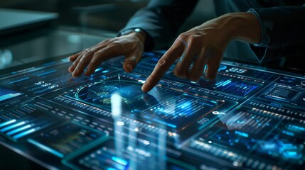 Digital Financial Management Controller Analyzing Holographic Corporate Accounts on Tablet