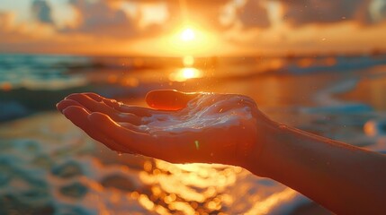 Human hand holding sunscreen, with droplets sparkling in the sunlight against a backdrop of a serene sunset horizon. - obrazy, fototapety, plakaty
