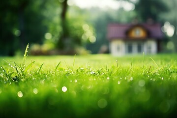 Morning dew on green grass, raindrops, lawn in front of a house.