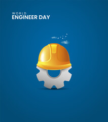 World engineers day, Gear Icons with building, city, town, engineers helmet, Design for social media banner, poster 3D Illustration.