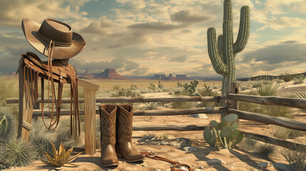 Scene with a cowboy boots and hat. Western background. - Powered by Adobe