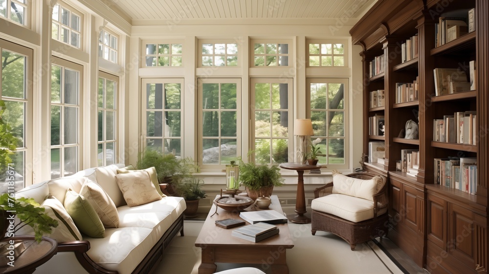 Wall mural Sunroom with creamy white built-ins and rich walnut wood accents. - Wall murals
