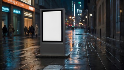 A vertical, blank advertising billboard positioned on a sidewalk, surrounded by the night ambiance of a city Generative AI - obrazy, fototapety, plakaty