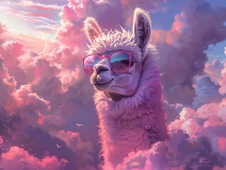 Artistic rendering of a llama in the clouds complete with cool shades