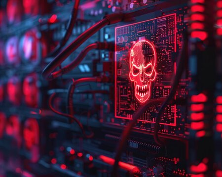 3D cyber attack scene computer displaying system error and malware danger sign