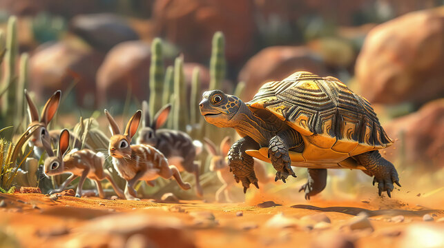 Animated scene of a turtle racing with hares