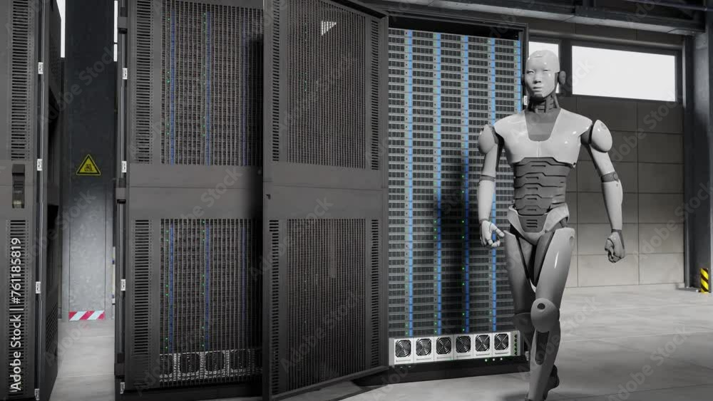 Poster cyborg humanoid in to server internet hi tech room giving birth concept artificial intelligence taki