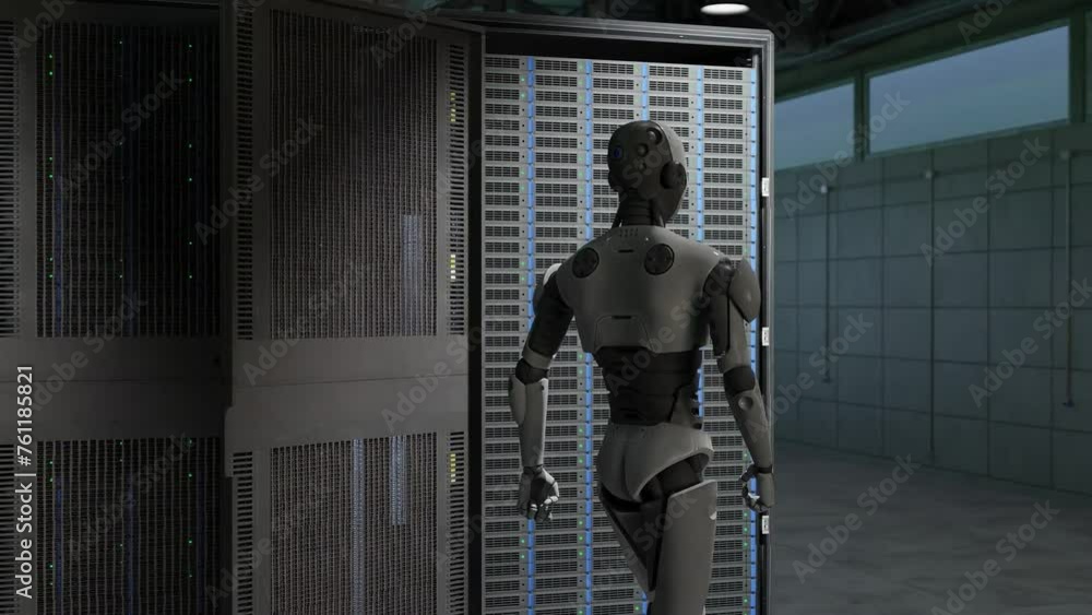Poster cyborg humanoid moving slowly in server internet hi tech red alarm room giving birth concept artific