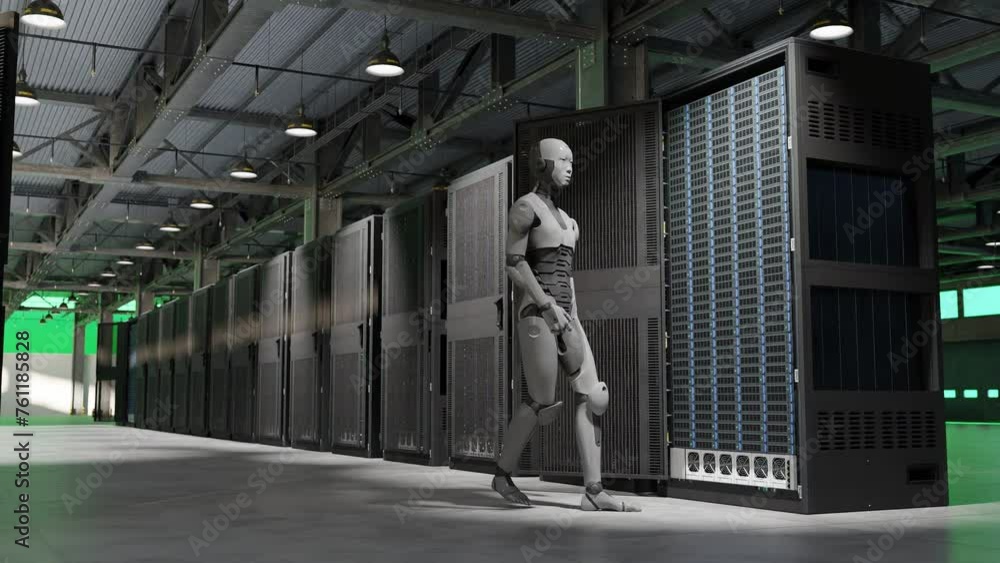 Poster cyborg humanoid walking spy server internet hi tech red alarm room giving birth concept artificial i
