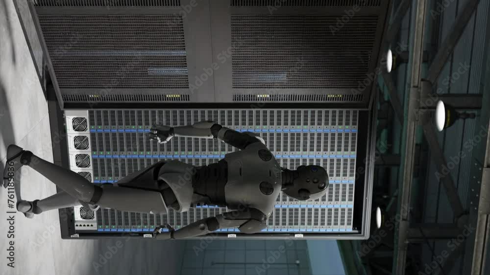Poster cyborg humanoid in to server internet hi tech room giving birth concept artificial intelligence taki
